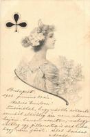 1902 Playing card symbol, lady, artist signed (EK)