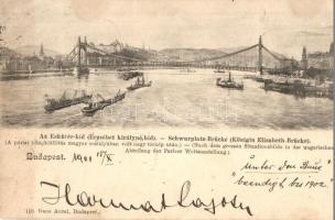 1901 Budapest, Eskü téri híd (Erzsébet királyné híd), darus gőzhajók, uszályok. Ganz Antal 110. (EK)