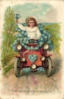 'Sok szerencsét névnapjára' / Nameday greeting postcard, automobile, litho (EK)