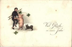 'Viel Glück im neuen Jahr' / New Year greeting postcard, chimney sweeper, pig, clovers, litho (EK)