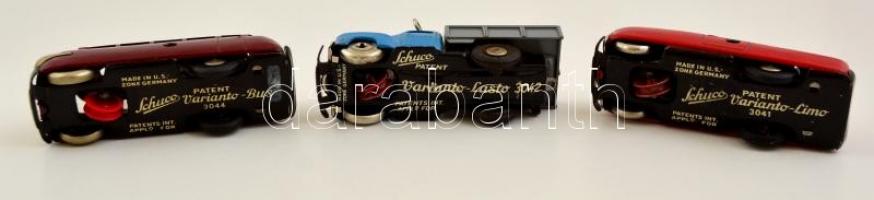 cca 1950 3 db Schuco állítható sebességű játékautó, jó állapotban, kulccsal, h: 10,5 cm + leírás