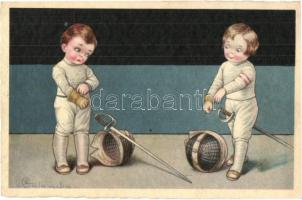 Fencing children, Italian art postcard, Ultra 2325. s: Colombo (EK)