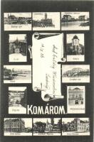 Komárom, Komárno; mozaiklap: Darányi liget, Városháza, Csallóközi vasútállomás, Új vár, Kőszűz, Kishíd, Erzsébet híd, Öreg vár, Várparancsnokság, Grand kávéház, Erzsébet kápolna, Tiszti pavilon. E. D. K. 175. / multi-view postcard: park, town hall, Zitny ostrov railway station, castle, statue, bridge, army headquarters, café, chapel, officers pavilion