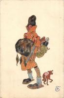 Hunter, dog, humour, litho