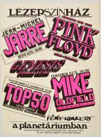 cca 1985 Lézerszínház a Planetáriumban plakát, Pink Floyd, Jean-Michel Jarre, Genesis, Mike Oldfield, hajtásnyommal, 43x32 cm