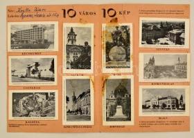 cca 1960 10 város 10 kép, csokipapír gyűjtői prospektus, 10 beragasztott kártyával, teljes, Szeged nyomda, foltos, szakadt.