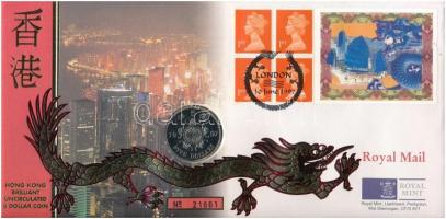 Hongkong 1997. 5$ érme felbélyegzett díszes Royal Mail borítékban T:BU Hong Kong 1997. 5 Dollars coin in Royal Mail envelope with stamps C:BU