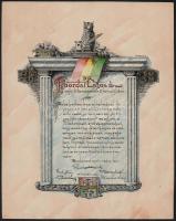 1934 Kézzel írt és festett oklevél fővárosi tanácsnok számára X. ker. elöljáróság mérnöki osztályától, 29x13 cm
