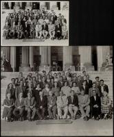 cca 1950 Szeged, Kárpitos Kisipari Termelő Szövetkezet tagjainak csoportképe a Móra Ferenc Múzeum lépcsőjén, 2 db fotó, 12x18 és 24x30 cm