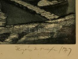 Fejér István (?-?): Halászbárkák. Rézkarc, papír, jelzett, üvegezett keretben, 29×39 cm