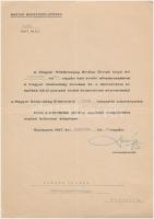 1947. Magyar Szabadság Érdemrend bronz fokozata adományozói okirat, Dinnyés Lajos miniszterelnök aláírásával T:III