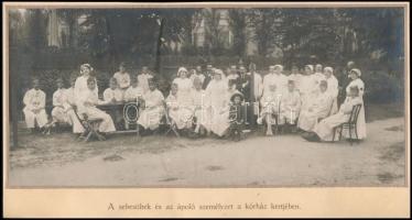 cca 1914-1918 Sebesültek és ápolószemélyzetük a kórház kertjében, kartonra ragasztott fotó, 13×28,5 cm