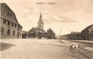 Feketehalom, Zeiden, Codlea; Fő tér, templom, Vendéglő a Schwarzburg-hoz. Atelier Gust / main square, church, restaurant