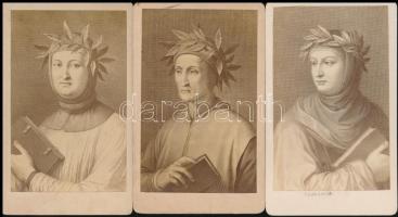cca 1865 Dante, Boccaccio, Petrarca, 3 db fénynyomat, 10×6 cm