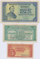 Csehszlovákia 1945. 5K + 10K + 20K T:III,III- Czechoslovakia 1945. 5 Korun + 10 Korun + 20 Korun C:F,VG Krause 59, 60, 61