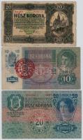 1913-1923. 7db-os vegyes magyar korona bankjegy tétel, közte felülbélyegzettek is T:III,III-