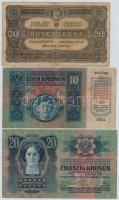 1913-1923. 7db-os vegyes magyar korona bankjegy tétel, közte felülbélyegzettek is T:III,III-