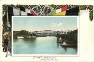 Przemysl, Mosty ja Sajnie / Brücke über den San / bridge, Central Powers flags and coat of arms + K. u. K. Infanterieregiment Nr. 84. (fa)