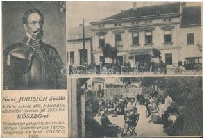 1932 Kőszeg, A török ostrom 400. évfordulója alkalmából keresse fel 1932-ben Kőszeget. Hotel Jurisich szálloda, hintók, automobil, kerékpár, kert vendégekkel és pincérekkel; reklámlap (EK)