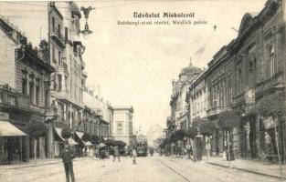 Miskolc, Széchenyi utca, Weidlich palota, Apollo mozgókép színház (mozi), Biztosító intézet, Herz Samu üzlete, villamos, létra. Grünwald Ignác kiadása