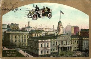 New York City, The City Hall, automobile in the air montage. Th. E. L. Theochrom-Serie No. 105. (EK)