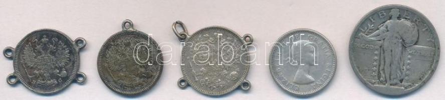 5db-os vegyes külföldi rossz tartású, sérült ezüstpénz tétel, közte Orosz Birodalom 1914. 10k Ag T:2...