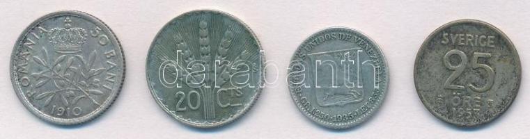 Vegyes 4db-os külföldi ezüstpénz tétel, közte Románia 1910. 50b Ag; Uruguay 1942. 20c Ag T:2,2- 4pcs of various silver coins, including Romania 1910. 50 Bani Ag; Uruguay 1942. 20 Centesimos Ag C:XF,VF