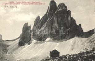 Dolomiti di Sesto, Sextner Dolomiten, Sexten Dolomites (Südtirol); Zsigmondyhütte und Zwölferkofel / Rifugio Zsigmondy Comici, Croda dei Toni / refuge chalet, hut, mountain peak (EK)