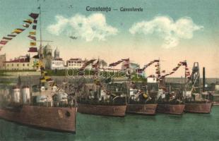 Constanta, Konstanca; Canonierele / dock, harbor with gunboats, Romanian Orthodox cathedral in the background