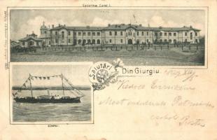 1899 Giurgiu, Gyurgyevó; Casarma Carol I, Siretul. Editura Fellmer Fotog. 560. / military barracks, Siret river with Romanian ship. Art Nouveau, floral (fl)