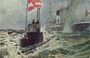 Der Unterseebootkrieg in der Adria (Versenkung eines italienisches Dampfers) / Submarine-war in the Adriatic Sea. K.u.K. Kriegsmarine sinking an Italian steamship. Rotes Kreuz Kriegsfürsorgeamt Nr. 559. s: Alex Kircher