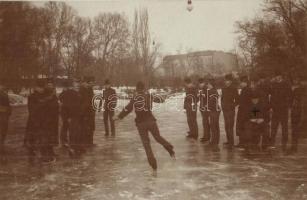 1903 Budapest VIII. Ludovika Akadémia. Gyakorlatot tartó ludovikások a befagyott tó jegén korcsolyáznak / Austro-Hungarian K.u.K. military soldiers and cadets practicing ice skating on the frozen lake. photo