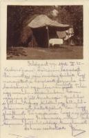 1916 A levélíró katona kunyhója (ami egy szénakazal), tábori mise asztal / WWI Austro-Hungarian K.u.K. soldiers hut made of hay (writer of the letter). photo + Kommando der k.u.k. Inf. Mun. Kolonne Nr. 1/33 (EK)