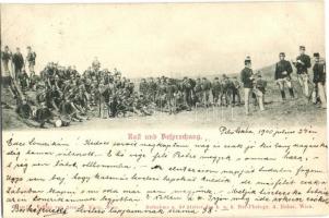 1900 Piliscsaba, Pihenő és megbeszélés a katonai gyakorlaton / Rast und Besprechung / Austro-Hungarian K.u.K. military practice field with resting soldiers and officers. Verlag Alex J. Klein. Hof-Photogr. A. Huber