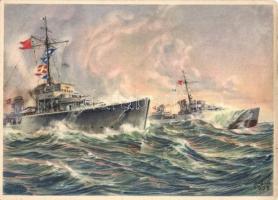Wehrmachts-Postkarten Serie 4, Bild 2, Zerstörer / WWII German Navy destroyer, art postcard, s: Kablo (EK)