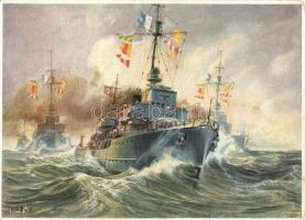 Wehrmachts-Postkarten Serie 3, Bild 1, Kleinkampfschiffe auf dem Marsch / WWII German Navy small battleship, art postcard, s: Kablo (kis szakadás / small tear)