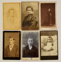 cca 1880-1910 Portrék, 6 db különféle vizitkártya különféle műtermekből (Eszék, Varasd, Losonc, Sepsiszentgyörgy, stb.), 11×7 cm