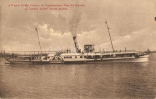 M. kir. Folyam- és Tengerhajózási Rt SS I. Ferencz József termes gőzöse; Klösz György és Fia, MFTR reklám a hátoldalon / Hungarian steamship