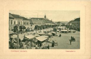 Vác, Constantin (Konstantin) tér, piac árusokkal, Emke kávéház, cukrászda, bank. W. L. Bp. 5091. Kiadja Rosenbaum J. Henrik (EK)