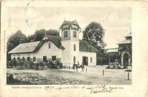 1905 Szántó, Santovka; Szántói savanyúvíz forrás, Rakodóhely, szekerek. Divald Károly kiadása / mineral water spring, loading area, carriages, horse carts (EB)