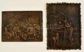 Életképek, 2 db bronzírozott falikép, 21,5×15 ill. 14×18,5 cm