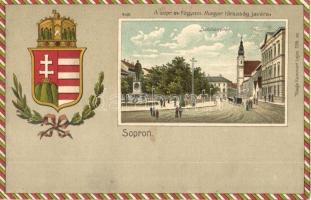 Sopron, Széchenyi tér és szobor. A soproni evangélikus főgimnázium magyar társaság javára. Kiadja Kummert Lajos 259. sz. Magyar címeres Art Nouveau litho keret (kopott sarkak / worn corners)