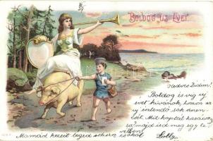 1902 Boldog új évet / New Year greeting postcard, pig, litho