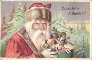 Üdvözlet a Mikulástól / Christmas greeting card, Saint Nicholas, litho