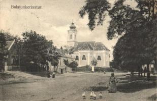 Balatonkeresztúr, utcakép, Római katolikus templom. Mérei Ignác kiadása (EK)