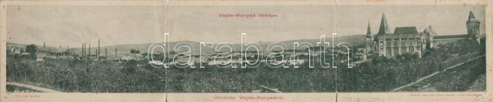 1902 Vajdahunyad, Hunedoara; Látkép, vár, 3 részes hatjott panorámalap / general vew, castle, 3-tiled panoramacard  (hajtásnál kissé szakadt / bent till broken)