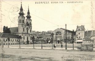 1910 Budapest I. Bomba tér (ma Batthyány tér), Budai vásárcsarnok, Wirth Antal, Petz Ágoston üzletei, templom (EK)