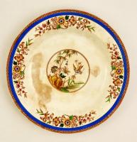 Porcelán dísztányér, részben kézzel festett, jelzett, fém tartóval, d: 34,5 cm