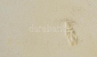 Porcelán dísztányér, részben kézzel festett, jelzett, fém tartóval, d: 34,5 cm