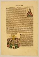 1493 A Hartmann Schedel krónika egy lapja az 1304-es év leírásával, Rajta alakok: Kelemen pápa, a bécsi papi konzílium, szentek...Színezett fametszet. Jó állapotban / 1493 Colored wood engraving from the Hartmann Schedel Chronicle.  34x50 cm